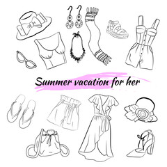 Hand drawn set of fashion women's clothing and accessories. Set of fashion doodles of clothes, hats, bags and shoes. Set of hand drawn online fashion shopping. Fashion sketches. Casual style. 