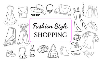 Hand drawn set of fashion women's clothing and accessories. Set of fashion doodles of clothes, hats, bags and shoes. Set of hand drawn online fashion shopping. Fashion sketches. Casual style. 