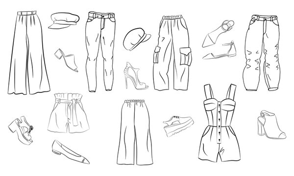 Hand drawn set of fashion women's clothing and accessories. Set of fashion doodles of bags and shoes. Set of hand drawn online fashion shopping. Fashion sketches. Casual style. Sketches of clothes.