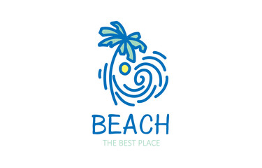 Vector icon for the beach with the image of a palm tree and the sea