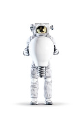 Astronaut light bulb creativity concept / 3D illustration of space suit wearing male figure holding up giant lightbulb isolated on white studio background