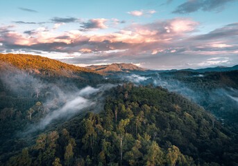 Above view of the mountain in the rural village in the evening