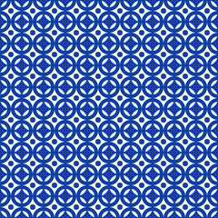 Seamless vector pattern of white and blue elements on a blue background.
