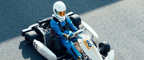 Teenager professional karting racer sits inside his go kart on a race track