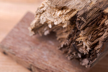 A closeup of a rotten wooden block scrapping. Destroyed wood.