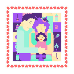 The family spends time together at home. The concept of dedicating time to yourself during a pandemic. Growing a garden in the apartment. Colored flat vector illustration.