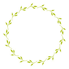 Round frame with light green branches on white background. Doodle style. Vector image.