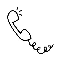Black and white cartoon telephone handset. Vector illustration in doodle style of telephone receiver. Hand drawn sign of phone for hotline, helpline or support service.