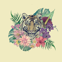 Hand drawn watercolor illustration with indonesian tiger head, leaves, flowers