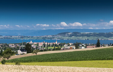 Panaoramic View Lake of Murten with Mont Vully and Murten
