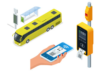Isometric electronic validator of public transport fare. Contactless wireless payment via mobile phone. Bus ticket validator. Woman paying contactless with smartphone for public transport in the bus