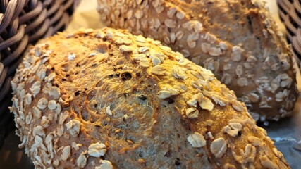 Close-up of bean bread in a basket. Appetizing background or texture of fresh bread. Selective focus