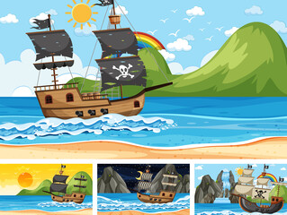 Naklejka premium Set of ocean scenes at different times with Pirate ship in cartoon style