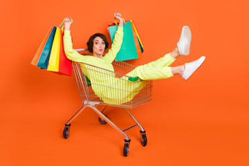 Portrait of attractive amazed cheery girl sitting in cart holding bags pout lips isolated over bright orange color background