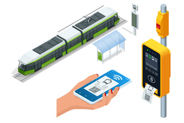 Isometric electronic validator of public transport fare. Contactless wireless payment via mobile phone. tram ticket validator. Woman paying contactless with smartphone for public transport in the tram - obrazy, fototapety, plakaty