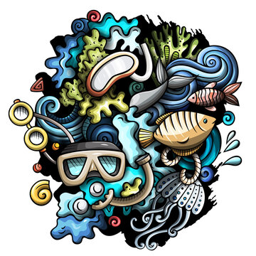 Diving cartoon vector doodles illustration. Water sports elements and objects background. Bright colors funny picture. All items are separated
