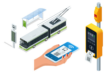 Isometric electronic Contactless wireless payment via mobile phone. Trolleybus ticket validator. Woman paying contactless with smartphone for public transport in the trolleybus.