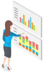 Visualize with business analytics. People work with statistical data analysis, changing indicators. Employees analyze statistical indicators, business data. Characters work with marketing research
