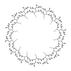 Round frame with creative black-and-white branches on white background. Doodle style. Vector image.