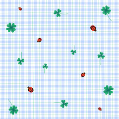 St.patrick's day Clover Leaf Lady Bug Blue Gingham Pattern Background Editable Stroke. Vector Illustration Tablecloth, Picnic mat, Fabric pattern, Textile.