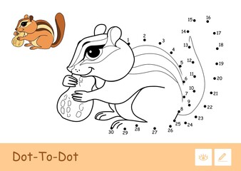 Colorful vector template and colorless contour dot-to-dot cute a chipmunk gnawing a nut isolated on white background. Wild animals preschool kids coloring book illustrations and developmental activity