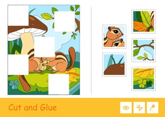 Fototapeta premium Cut and glue vector puzzle learning children game with colorful image of two chipmunks sitting under the mushroom in a wood. Wild animals educational activity for kids.