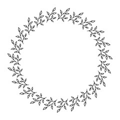 Round frame with cozy black-and-white branches on white background. Doodle style. Vector image.