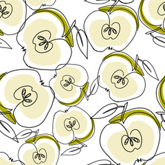 Seamless pattern with apple silhouettes. Silhouettes of an apple in a cut on a white background. Drawing one line