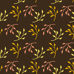 Seamless pattern with light pink and yellow branches on brown background. Vector image.