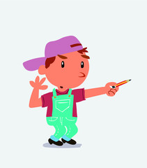 cartoon character of little boy on jeans doubts while pointing to the side with a pencil