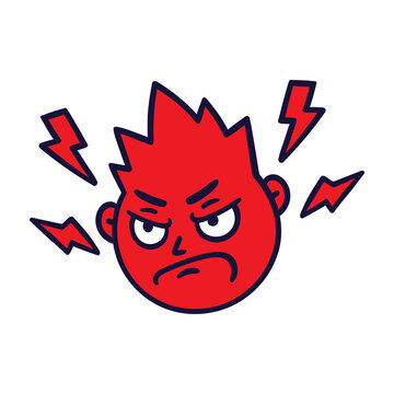 Round abstract face with angry emotion. Mad emoji avatar. Portrait of a grumpy man. Cartoon style. Flat design vector illustration.