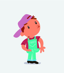  cartoon character of little boy on jeans looks with doubt and somewhat surprised
