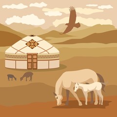 Vector illustration. Horse and foal, on the background of a mountain landscape and a yurt