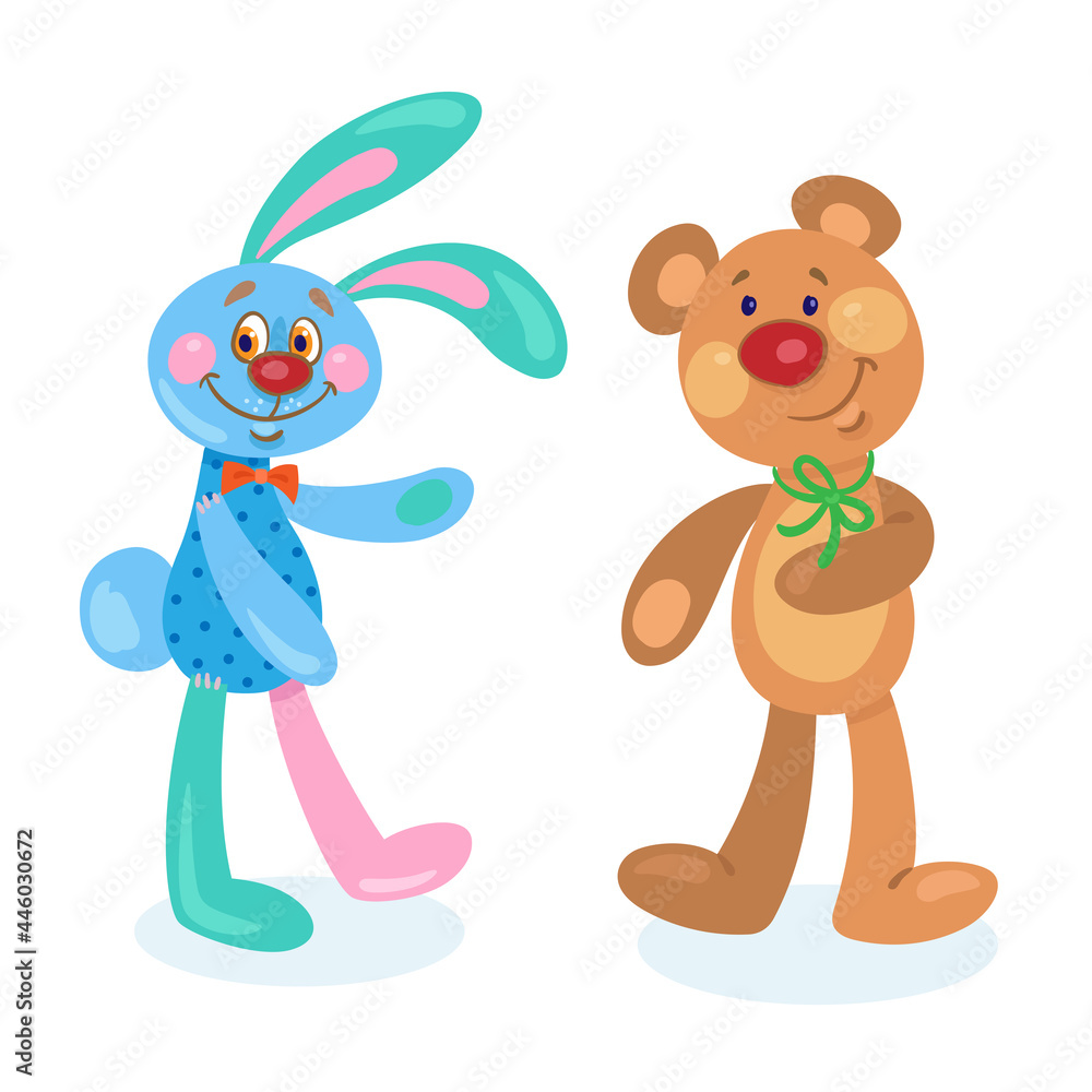 Sticker Kids toys. Funny bunny and teddy bear from multi-colored pieces of fabric. In cartoon style. Isolated on white background. Vector illustration