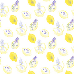 Floral background with hand-drawn lavender flowers and lemons. Vector illustration on white.Perfect for design templates, wallpaper, wrapping, fabric and textile. - obrazy, fototapety, plakaty