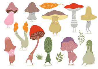 Collection of Vector whimsical Mushrooms, fairy tale flora, game design elements fictional plants , isolated cartoon characters on white background
