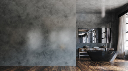 Spacious bathroom in loft, industrial style ,3d render - obrazy, fototapety, plakaty