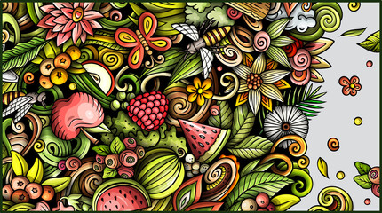 Naklejka premium Summer nature hand drawn doodle banner. Cartoon vector detailed flyer.