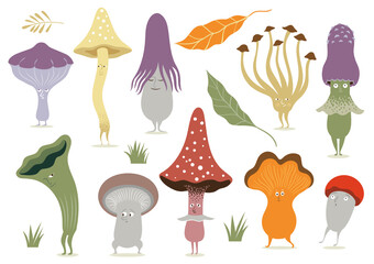 Collection of Vector whimsical Mushrooms, fairy tale flora, game design elements fictional plants	, isolated cartoon characters  on white background