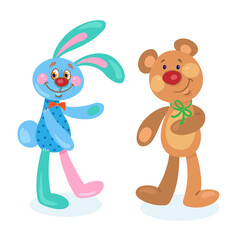 Kids toys. Funny bunny and teddy bear from multi-colored pieces of fabric. In cartoon style. Isolated on white background. Vector illustration