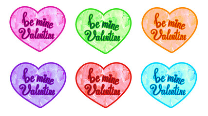 Colorful hearts with text and paint texture pattern. Sticker set for 14th february, st valentines day. Be mine valentine lettering
