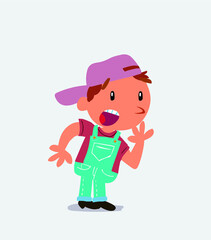 Unpleasantly surprised cartoon character of little boy on jeans looks to the side