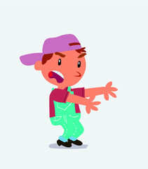 Very angry cartoon character of little boy on jeans pointing at something at side