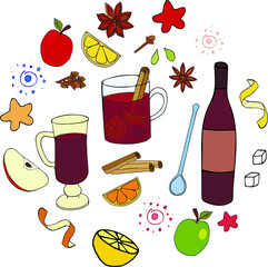 Hand drawn illustrations of mulled wine ingredients. Collection of vector food illustrations, doodle style, isolated on white background