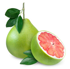 Fresh Red Pomelo citrus fruit with leaves on white background. 