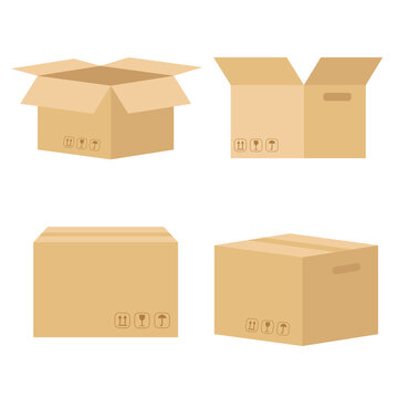 Set of cardboard boxes for parcels, goods and products, vector illustration. A collection of sustainable recyclable packaging for various uses.
