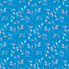 Seamless pattern with light pink, lilac and blue branches on blue background. Vector image.