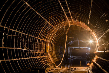 Abandoned subway tunnel construction. Deep metro line construction. Old mine for the construction of the subway
