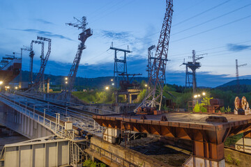 Fototapeta na wymiar View of the platform of the ship lift. Industrial night background.