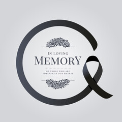 In loving memory of those who are forever in our hearts text and rose bouquets in black ribbon sign roll circle frame vector design - obrazy, fototapety, plakaty